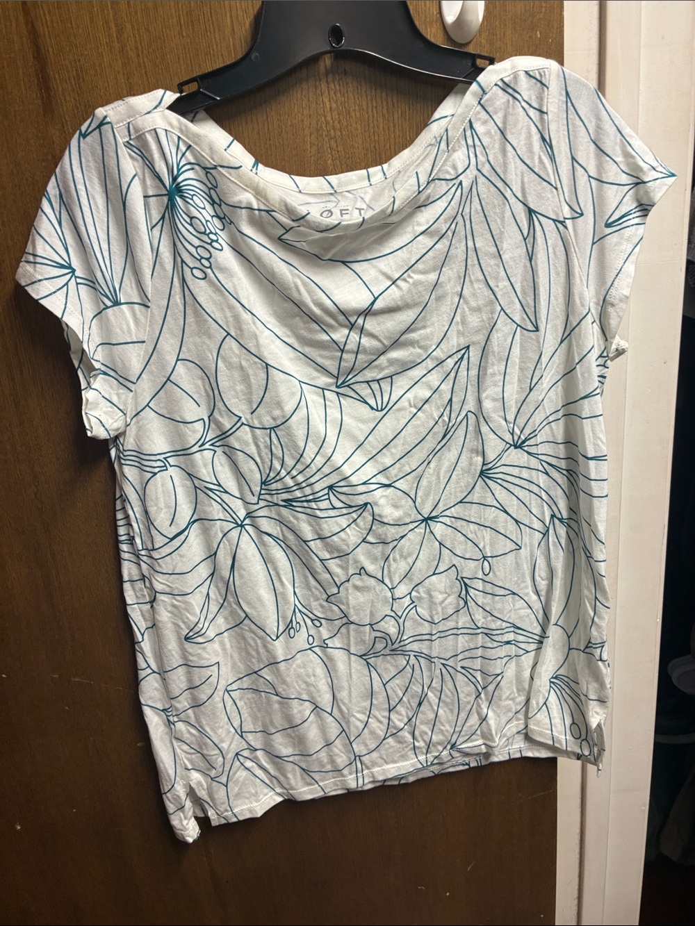 LOFT White Tee with Teal Floral Line Print